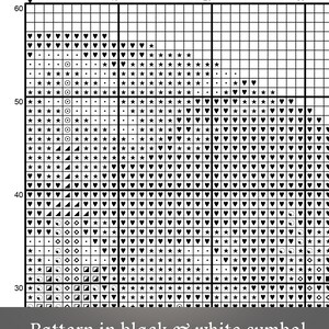 May include: Black and white cross stitch pattern featuring hearts, stars, circles, and triangles. The pattern is displayed on a grid with numbers 10, 20, and 30 along the top and numbers 30, 40, 50, and 60 along the left side. The text "Pattern in black & white symbol" is at the bottom of the image.