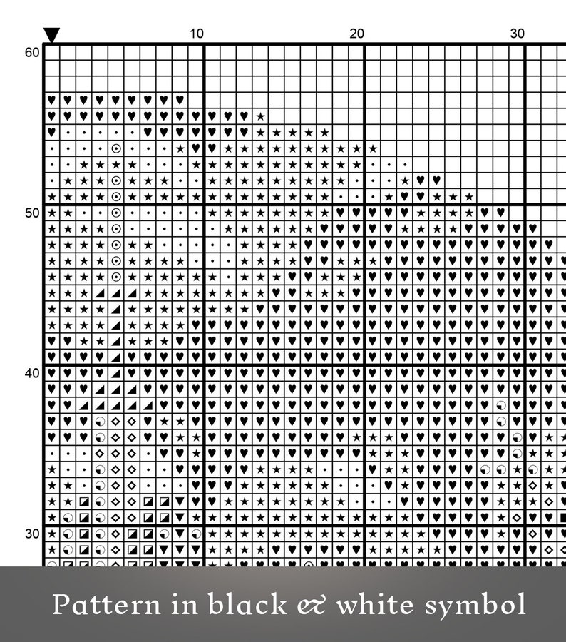 May include: Black and white cross stitch pattern featuring hearts, stars, circles, and triangles. The pattern is displayed on a grid with numbers 10, 20, and 30 along the top and numbers 30, 40, 50, and 60 along the left side. The text "Pattern in black & white symbol" is at the bottom of the image.