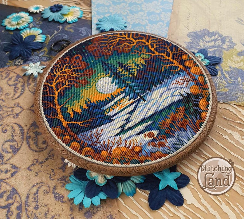Set of 4 cross stitch patterns, Forest cross stitch, Fall cross stitch, Winter cross stitch, Hiking cross stitch, Scenery cross stitch image 5