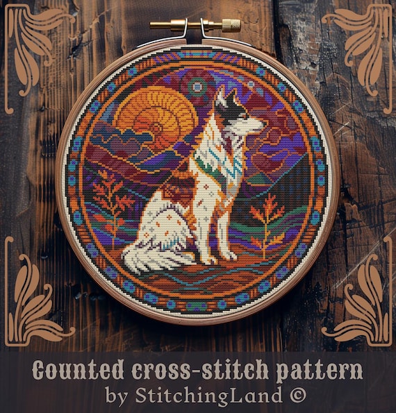Dog cross stitch pattern, Art Nouveau cross stitch, Pet cross stitch, Hiking cross stitch, Retro cross stitch, Ornament cross stitch