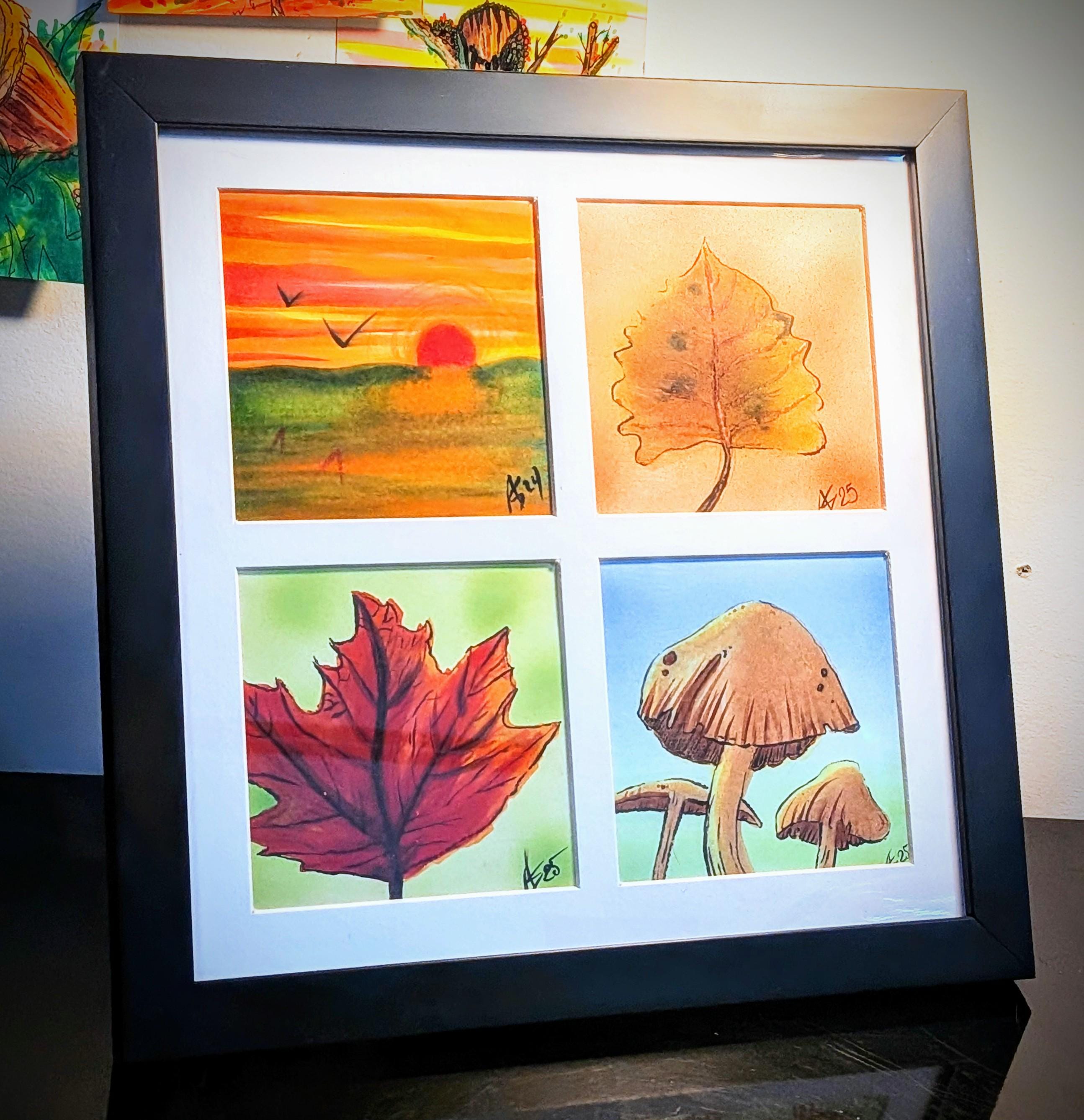 The Little Things, 2025, alcohol marker on paper, 12" x 12" (set of 4)