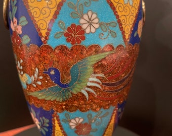 七宝焼　年代物　花瓶 ◎七宝焼 古代紋 花瓶（箱付）