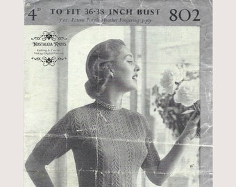 1940s Ladies Jumper Vintage Knitting Pattern | Patons P&B 802 Lacy Rib Jumper with Short Sleeves and Round Neck | Digital Pattern PDF