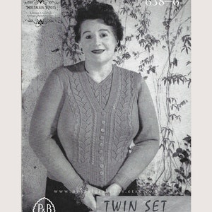 1940s Ladies Vintage Knitting Pattern | Patons 638 Twin Set Jumper & Cardigan with Lacy Cable Front | Digital Pattern PDF