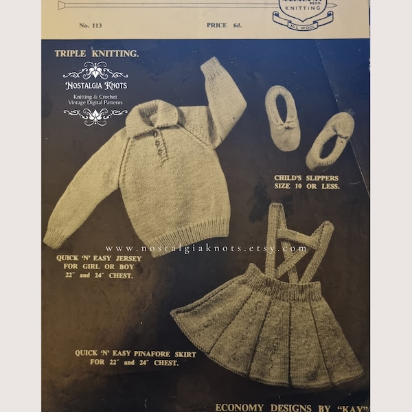 Vintage Knitting Pattern | Hallmark 113 Quick n Easy Jersey, Pinafore Skirt & Slippers for Baby, Infant Child or Toddler | Digital PDF 1940s