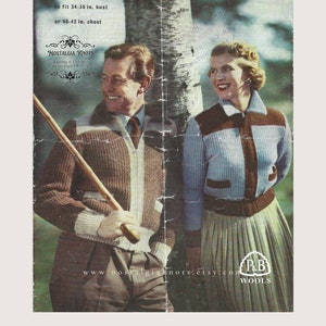 May include: A vintage knitting pattern for a brown and blue sweater with a zip. The pattern is for a size 34-36 inch bust or 40-42 inch chest. The pattern is from Nostalgia Knots and is titled "In Double Knitting by P&B" and "C-792 6d."