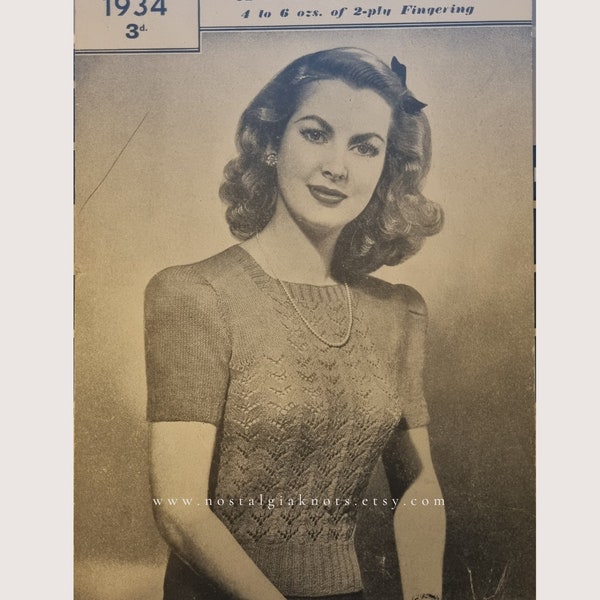 1940s Ladies Vintage Knitting Pattern | Bestway 1934 Jumper with Lacy Front | Digital Pattern PDF