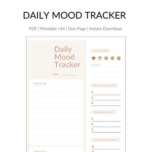 Daily Mood Tracker – Printable A4 PDF | Self-Reflection Journal | Gratitude & Emotional Awareness | Instant Download