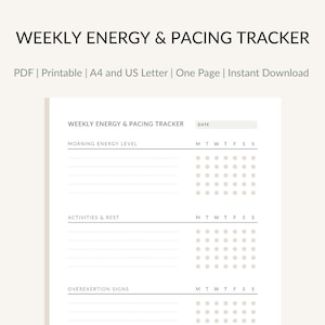 Registro semanal de energía y ritmo / Registro de síntomas de enfermedades crónicas / Planificador Spoonie PDF / Tamaño A4 y carta (EE. UU.) / Descarga digital