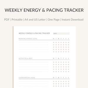 Weekly Energy & Pacing Tracker | Chronic Illness Symptom Log | Spoonie Planner PDF | A4 and US Letter Size | Digital Download