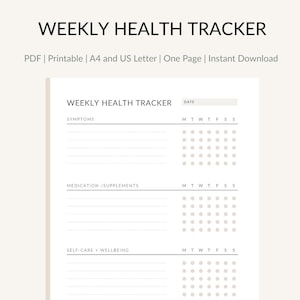 Seguimiento semanal de salud / Registro de enfermedades crónicas, COVID persistente y salud mental / Planificador de autocuidado (PDF) / Tamaño A4 y carta (EE. UU.) / Descarga digital