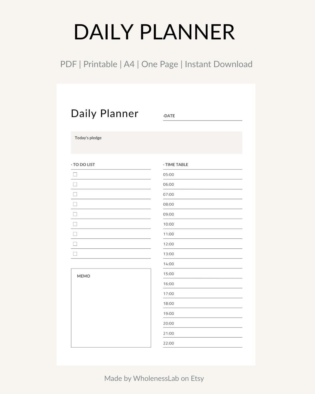 Daily Planner | To-Do List & Timetable | Printable A4 and US Letter PDF | Hourly Schedule | Memo | Instant Download