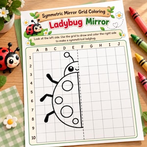 Puede incluir: Una hoja de ejercicios de colorear titulada Ladybug Mirror con una cuadrícula simétrica. La página muestra una mariquita dibujada a la mitad en una cuadrícula marcada de A-J y 1-10, con instrucciones para dibujar y colorear el lado derecho.