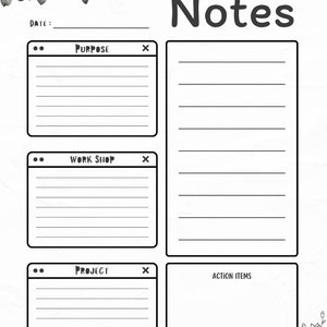 Puede incluir: Una plantilla de notas de reunión en blanco y negro con un diseño floral. La plantilla tiene secciones para el propósito, el taller, el proyecto y los elementos de acción.