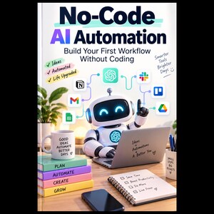 May include: A book cover titled No-Code AI Automation featuring a white robot at a laptop with icons for various software applications. A stack of colorful books labeled Plan, Automate, Create, Grow sits next to a mug and a notebook with a checklist.