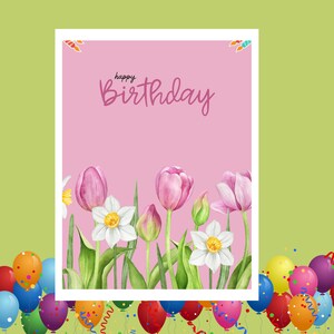 Biglietti di compleanno digitali con fiori, biglietti di compleanno con fiori botanici, biglietti con fiori, eleganti fioriture per celebrazioni senza tempo, 5x7 pollici