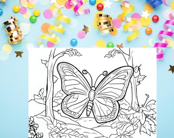 May include: A black and white butterfly coloring page with a detailed butterfly design, surrounded by trees and foliage. The image is set against a light blue background with colorful confetti and streamers, suggesting a celebratory theme.