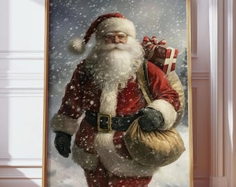 Vintage Santa Claus Wall Art Print, Forest Snowfall in Winter