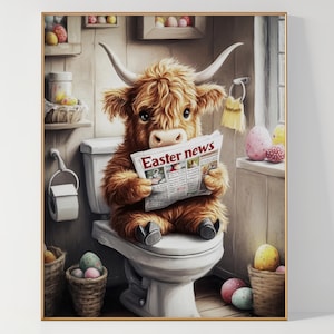 Highland Cow on the Toilet, Printable Funny Easter Wall Art, Bathroom Wall Art Toilet Wall Art Trendy  Printable Wall Decor Digital Download