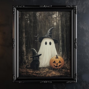 Cute Ghost and Black Cat in Dark Forest Print, Printable Vintage Halloween Wall Art, Dark Academia Room Decor Instant Download