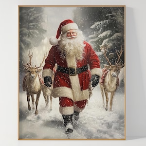 Impressão de arte de parede de rena de Papai Noel, queda de neve na floresta no inverno, decoração de casa de Natal para impressão, download digital, melhoria da casa de férias