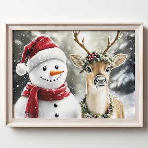 Boneco de neve com rena impressão de arte de parede, retrato de inverno na neve para impressão decoração de casa de Natal, download digital, melhoria de casa de férias
