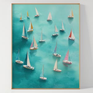 Lámina de arte mural de pequeños veleros, póster náutico abstracto oceánico, decoración de velero oceánico de verano para el hogar, decoración costera de verano, descarga digital