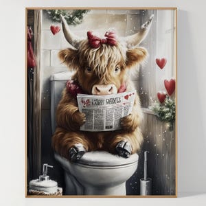 Highland Cow on the Toilet, Printable Funny Valentine&#39;s day Wall Art Bathroom Wall Art Toilet Wall Art Trendy Valentine Printable Wall Decor