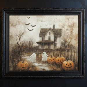 Haunted House Halloween Print, Cute Ghosts and Pumpkins Wall Art, Vintage Spooky Decor, Dark Academia Room Instant Download