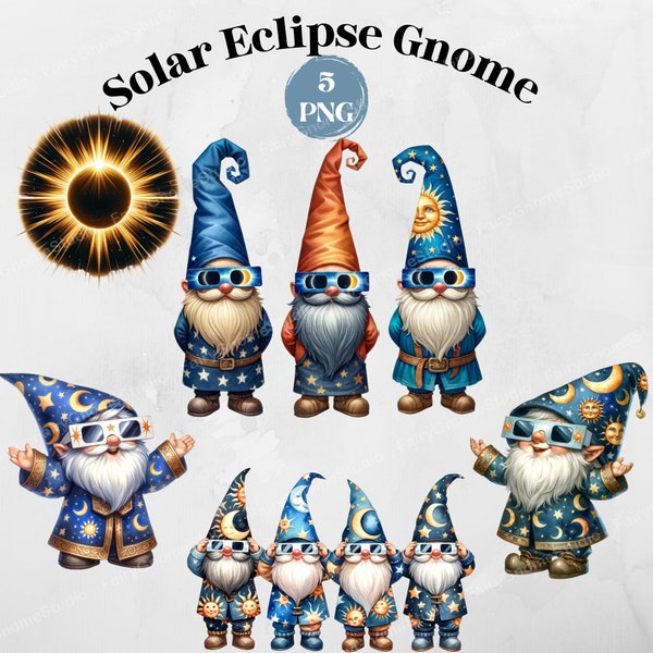 Watercolor Gnome Solar Eclipse 2024 Sublimation Clipart-5PNG, April 8th 2024, Gnome Astronomy Celestial, Digital Download, Commercial Use