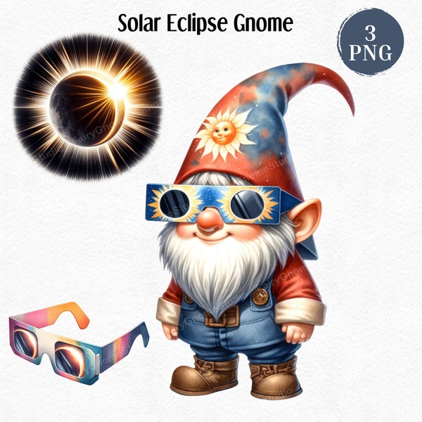 Aquarelle Gnome Solar Eclipse 2024 Sublimation Clipart-3PNG, 8 avril 2024, Gnome astronomie céleste, téléchargement numérique, usage Commercial