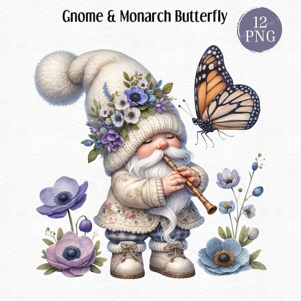 Watercolor Gnome Monarch Butterfly Sublimation Clipart Bundle-12PNG, Gnome Gardener Flower, Spring Gnome, Digital Download, Commercial Use