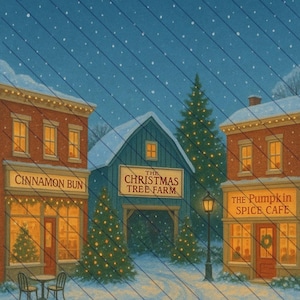 Puede incluir: Ilustración invernal de un pueblo nevado con una granja de árboles de Navidad, una tienda de cinnamon buns y un café de especias de calabaza. Los edificios son de ladrillo con ventanas iluminadas y árboles de Navidad decorados.