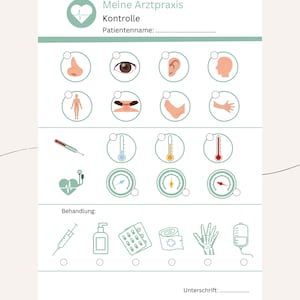 Może przedstawiać: Drukowalna lista kontrolna do wizyty u lekarza z ilustracjami części ciała, termometrów i materiałów medycznych. Lista kontrolna zawiera sekcje na imię i nazwisko pacjenta, leczenie i podpis.