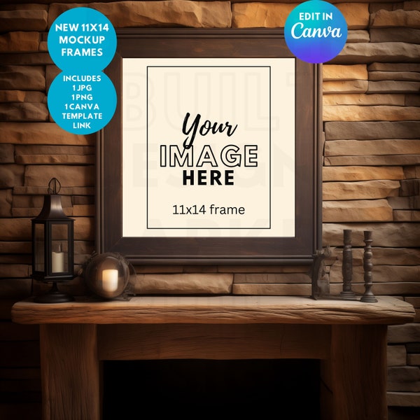 11x14 mockup JPG and PNG files | Canva template | Rustic hearth mantle | with mat canvas frame | man cave decor and fireplace | wall art