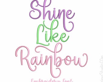 Shine Like Rainbow Script Embroidery Font digital Machine Designs Files format BX pes dst digitized Alphabet-Instant Download-7 Sizes