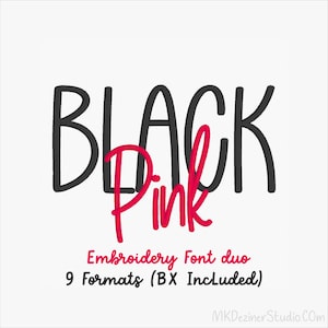以下が含まれることがあります： 白地に黒とピンクで「BLACK Pink」と書かれた文字。テキストの下には「Embroidery Font duo」と「9 Formats (BX Included)」と書かれています。手書き風の文字です。