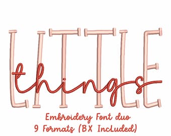 May include: Embroidery font duo "Little things" in red with a pink outline. 9 formats included, including BX.