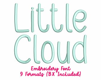 Puede incluir: Diseño de fuente de bordado digital con las palabras "Little Cloud" en un color verde azulado claro, suave y redondeado. Debajo del texto, las palabras "Embroidery Font" y "9 Formats (BX Included)" están en rosa. El fondo es blanco.