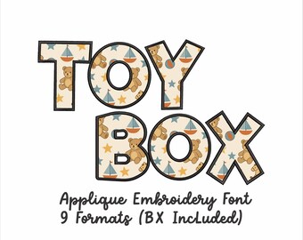 Fuente de bordado con apliques Toy Box, diseño de apliques del alfabeto (bordado a máquina), fuente Monogram BX, fuente digitalizada pes dst (descarga instantánea)