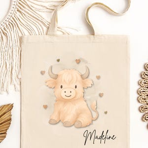 Personalised Highland Cow Tote Bag, Name Tote Bag, Cute Highland Cow Tote, Personalized Cow Bag, Book Bag, Highland Cow Tote, Library Bag