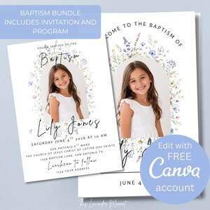 May include: Baptism invitation bundle featuring a photo of a young girl, floral accents, and event details. Includes invitation and program. The text reads "Baptism", "Lily Jones", and "June 4th, 2026". Includes a Canva account.