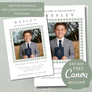 May include: A baptism invitation and program bundle featuring a photo of a child in a gray suit holding a blue book. The design includes a sage green gingham border, black serif text reading WESLEY, and details for a church event on August 8th.