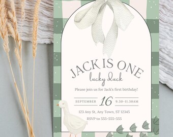 Mallard Duck First Birthday Invitation, Vintage Boy, Editable Template (Digital Download)
