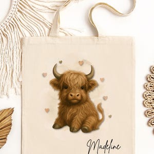 Personalised Highland Cow Tote Bag, Name Tote Bag, Cute Highland Cow Tote, Personalized Cow Bag, Book Bag, Highland Cow Tote, Library Bag