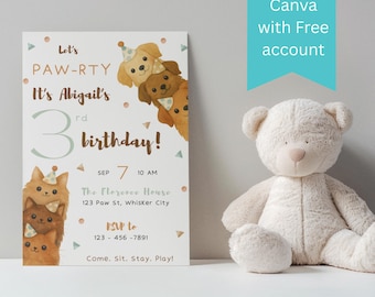 Invito di compleanno per cani e gatti, invito per festa di compleanno con cuccioli di gatto (download immediato)