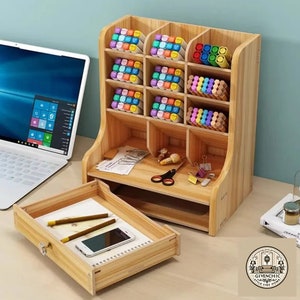 Wooden Pen Holder Box Multifunctional Desktop Home Office School Supplies Storage Rack