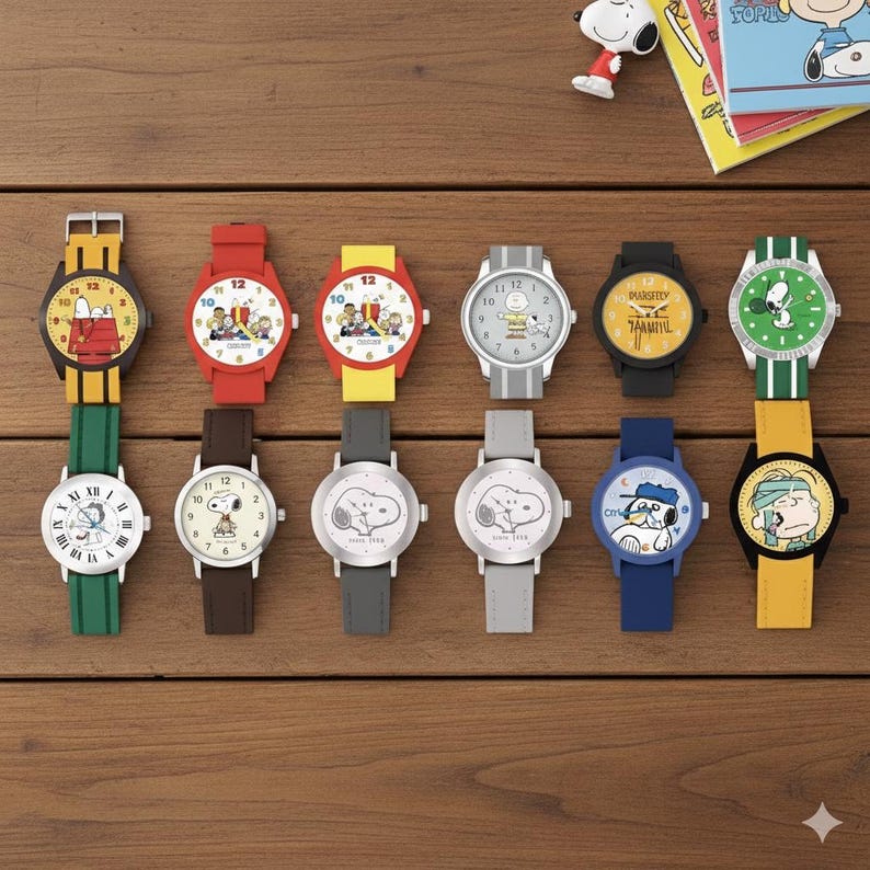 May include: A collection of colorful wristwatches featuring Snoopy and other Peanuts characters. The watches have various strap colors, including yellow, green, red, and blue. The watch faces display different Snoopy-themed designs and the time.