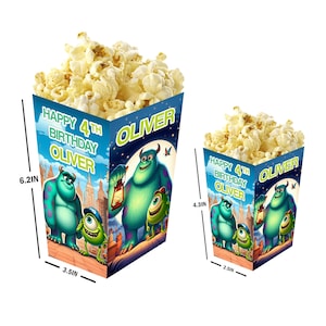 Monster Inc. - Cajas de palomitas personalizadas con nombre y edad - Pack de 12 - 100% cartón - Fáciles de montar - Tamaños pequeño y grande