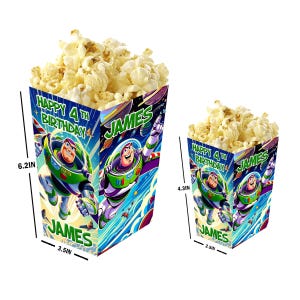 Buzz Lightyear - Cajas de palomitas personalizadas con nombre y edad - Pack de 12 - 100% cartón - Fáciles de montar - Tamaños pequeño y grande
